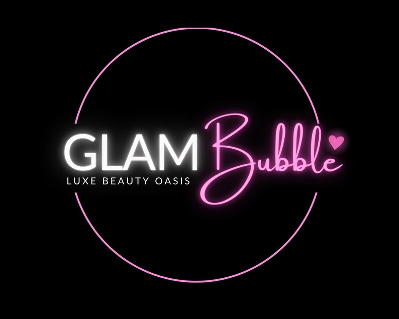Puede incluir: Un letrero de ne&oacute;n rosa con el texto "GLAM Bubble" en un c&iacute;rculo. El texto "LUXE BEAUTY OASIS" est&aacute; debajo del c&iacute;rculo.