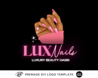 May include: Pink and black logo design for a nail salon called "LUX Nails" with the tagline "Luxury Beauty Oasis". The logo features a stylized hand with pink nails.