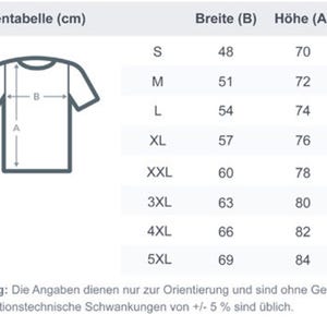 May include: A white chart with black text detailing t-shirt measurements in centimeters. The chart includes sizes S to 5XL, with corresponding width and height measurements. A diagram of a t-shirt illustrates the measurement points. Text at the bottom provides additional information.