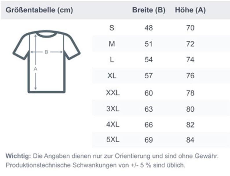 May include: A white chart with black text detailing t-shirt measurements in centimeters. The chart includes sizes S to 5XL, with corresponding width and height measurements. A diagram of a t-shirt illustrates the measurement points. Text at the bottom provides additional information.