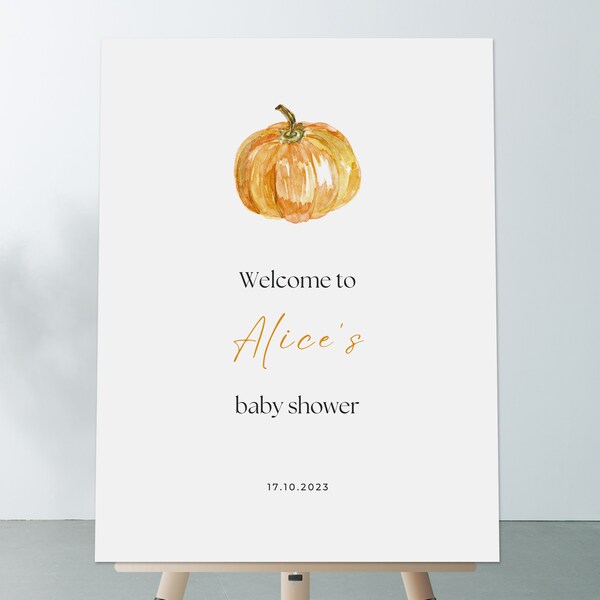 Editable Una pequeña calabaza está en camino cartel de bienvenida, baby shower de calabaza bienvenido a firmar, plantilla de Canva de baby shower de otoño
