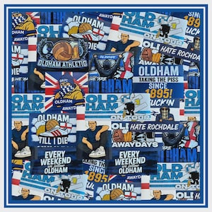May include: A collection of rectangular stickers featuring Oldham Athletic football themes. Designs include footballs, beer mugs, Union Jack flags, and text such as Oldham Athletic, We Are Oldham, and Every Weekend We Follow Oldham in blue and white.