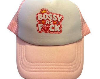 Mesh Trucker Hat “Bossy As F*ck” Funny Slogan - Bold Statement Hat, Pink Snapback Cap