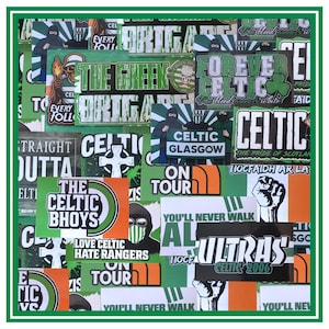 May include: A collection of green, white, and orange stickers with Celtic-themed designs. The stickers display text such as "Celtic Glasgow", "The Celtic Bhoys", and "Forever Celtic". Illustrations of figures and symbols are also present.