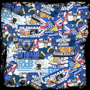 May include: A patchwork design featuring Oldham Athletic fan art. The artwork includes the Union Jack flag, footballs, and phrases such as "Oldham Awaydays" and "Every Weekend We Follow Oldham." The design incorporates illustrations of fans and team logos.