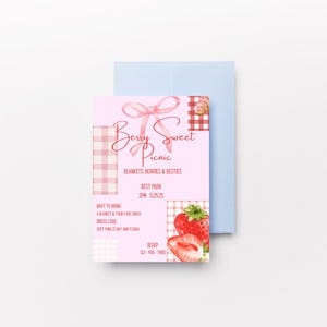 Invitación de picnic con dulces bayas - Invitación de picnic de cuadros rosas para niñas / Plantilla editable de estilo cottagecore / Descarga instantánea
