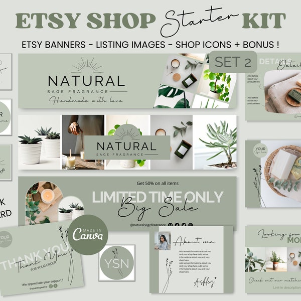 Salbei-grünes Etsy Shop Kit Set2 Natürliches minimalistisches Etsy Shop Bundle Neutral Logo Banner Canva Template Set Branding Kit Dankes-Karte NS1