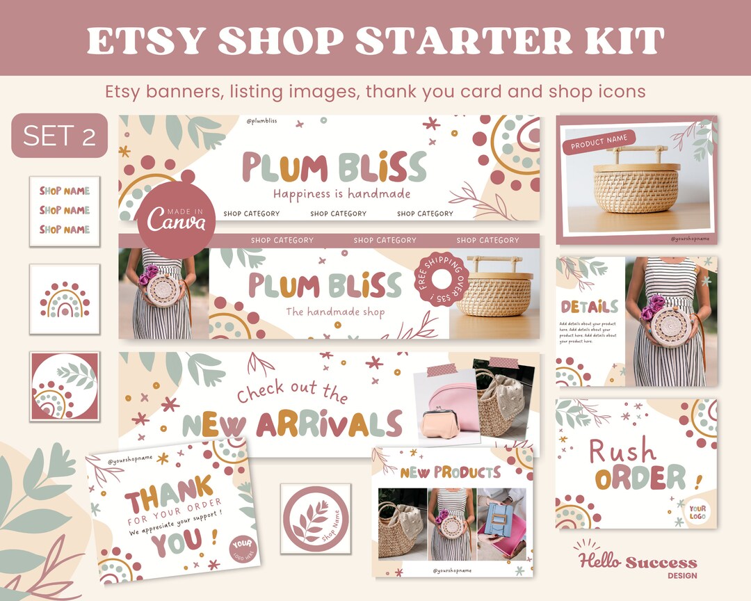 Modern Boho Etsy Shop Kit Pastel Etsy Shop Banner Canva Template