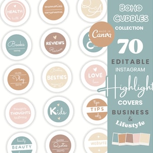 Puede incluir: 70 cubiertas de destacados de Instagram editables para negocios y estilo de vida. Las cubiertas son de estilo boho con colores pastel y texto escrito a mano. El texto incluye "BOHO CUDDLES COLLECTION", "70 EDITABLE INSTAGRAM HIGHLIGHTS", "COVERS BUSINESS & LIFESTYLE", y "MADE IN CANVA".