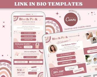 Blush Pink Link In Bio Canva Vorlagen - Boho Regenbogen Links Website Instagram Landing Page Canva Website Template Groovy Small Business BP1