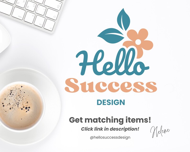 May include: A teal blue and peach coloured logo with the text "Hello Success Design" and a stylised flower with leaves.
