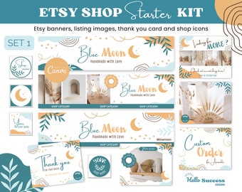 Könnte beinhalten: Ein Set an Etsy Shop Starter Kit Grafiken mit einem blauen Mond-Thema. Die Grafiken beinhalten Banner, Listungsbilder, eine Dankeskarte und Shop-Icons. Die Grafiken zeigen einen blauen Mond, Sterne und einen handgezeichneten Stil. Der Text "Blue Moon Handmade with Love" ist auf den Grafiken zu sehen.