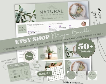 Sage Green Etsy Shop Bundle Natural Minimalist Etsy Shop Kit Etsy Shop Banner Canva Template Aesthetic Candle Soap Branding Kit Banner NS1