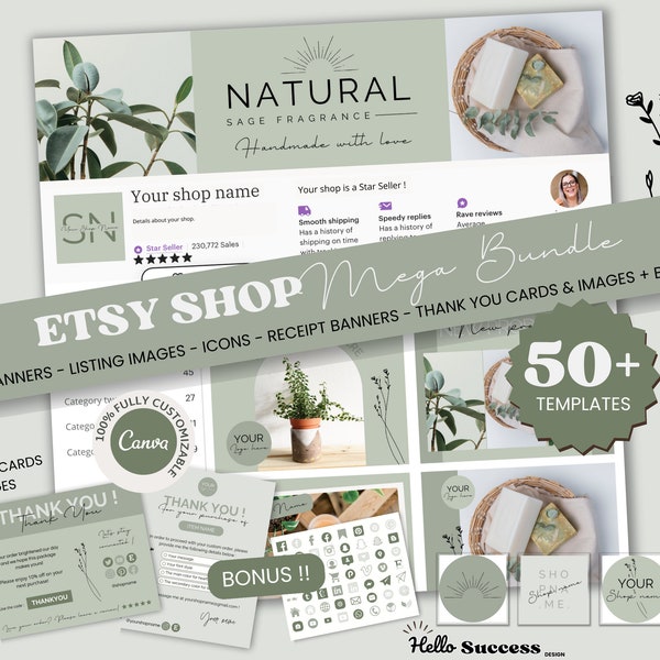 Sage Green Etsy Shop Bundle Natural Minimalist Etsy Shop Kit Etsy Shop Banner Canva Template Aesthetic Candle Soap Branding Kit Banner NS1