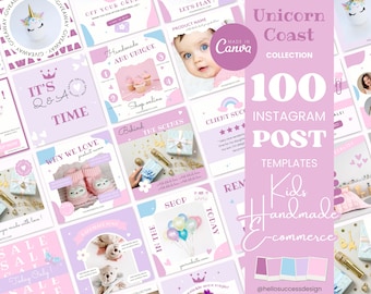 100X Pastel Pink Instagram Post Templates -Kids Baby Handmade Custom Business Product E-commerce Content Colorful Shop Cute Social Media UC1