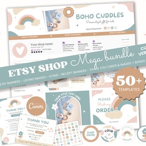Pastel Boho Etsy Shop Bundle -Store Banner Kit -Green Canva Template Cute Branding Kid Small Business Baby Product Craft Banner Colorful BC1