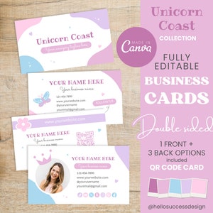 Plantilla de tarjeta de visita con código QR en color rosa pastel, linda, colorida, brillante, personalizable, tarjeta de visita Canva, tienda de productos para bebés, marca Crown UC1