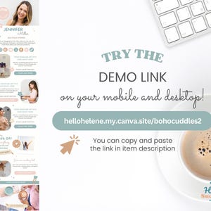 May include: A screenshot of a website with a light blue background and text that says "TRY THE DEMO LINK on your mobile and desktop!" with a link to the website hellohelene.my.canva.site/bohocuddles2. The text "You can copy and paste the link in item description" is also included.
