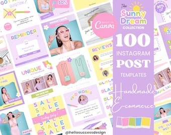 Puede incluir: Una colección de 100 plantillas de publicaciones de Instagram en colores pastel, incluyendo rosa, amarillo y lavanda. El diseño presenta acentos florales, maquetas de productos y el texto "The Sunny Dream Collection" y "Handmade E-commerce".