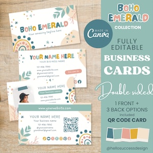 Boho Smaragd QR-Code Visitenkarte Vorlage Regenbogen Hell Groovy Anpassbare Canva Calling Card Modernes Buntes Briefpapier Branding BE1