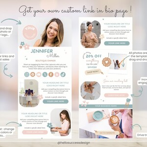 May include: A pink and blue graphic design template for a social media bio link in page. The template features a woman's photo, a call to action to join a mailing list, a 20% off sale, and a link to a website. The text "Get your own custom link in bio page!" is at the top of the template.