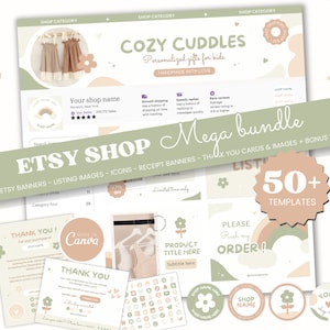 May include: An Etsy shop mega bundle graphic in a soft, pastel colour scheme. The design includes shop banners, listing images, icons, receipt banners, thank you cards, and more. Text includes "COZY CUDDLES" and "Personalized gifts for kids."