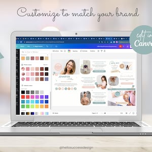 May include: A laptop screen displaying a Canva design template with a pink and green colour scheme. The template features photos, text, and social media icons. The text on the screen reads "Customize to match your brand" and "edit in Canva".
