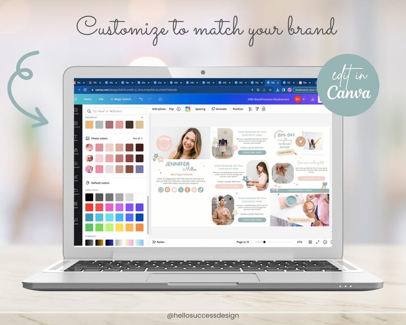 May include: A laptop screen displaying a Canva design template with a pink and green colour scheme. The template features photos, text, and social media icons. The text on the screen reads "Customize to match your brand" and "edit in Canva".