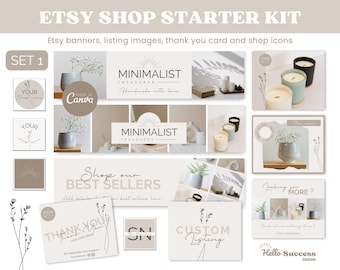 Neutral Minimalist Etsy Shop Kit Beige Etsy Shop Banner Canva Template Aesthetic Branding Kit Light Brown Banner Business Thank you Card MT1
