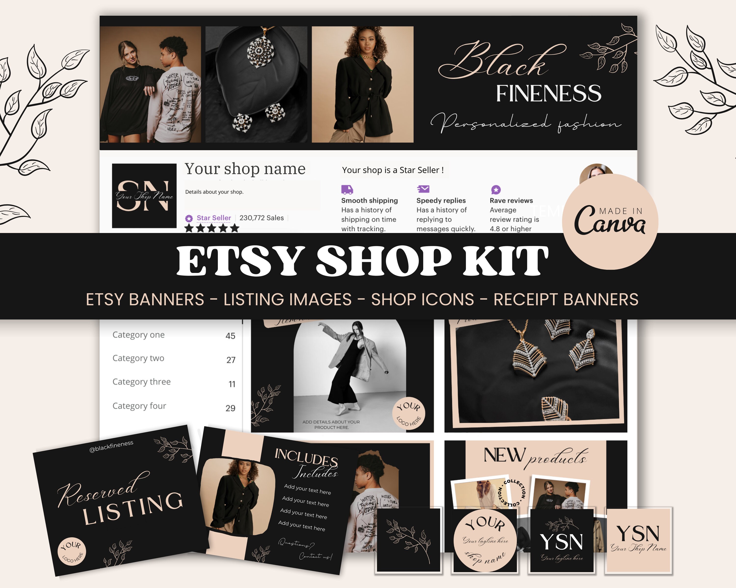 Elegant Black Rose Gold Etsy Shop Kit -Modern Minimal Nude Etsy Shop Leaf Logo Branding Banner Canva Template Bundle Feminine Dark Theme BF1