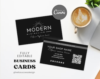 Minimalistische donkere sjablonen voor visitekaartjes met QR-code - modern zwart aanpasbaar canvas visitekaartje Esthetisch merk voor kleine bedrijven MM1 duo1