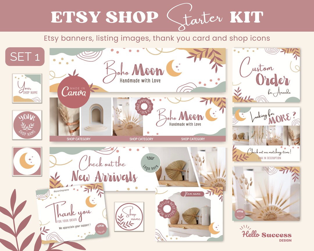 Boho Moon Etsy Shop Kit Modern Boho Etsy Shop Banner Thank You Card