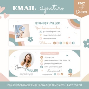 以下が含まれることがあります： ピンクとブルーのカラーテーマの、カスタマイズ可能なメール署名テンプレートです。テンプレートには、写真プレースホルダー、連絡先情報、ソーシャルメディアアイコンが含まれています。テンプレートには、「Jennifer Miller」と「ブティックオーナー」のテキストが含まれています。