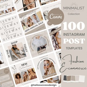 Può includere: Un collage di 100 modelli di post Instagram per aziende di e-commerce di moda. I modelli presentano un'estetica minimalista con colori neutri e design semplici. Il testo "Minimalist Treasures Collection" e "100 modelli di post Instagram" sono presenti al centro dell'immagine.