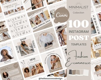 May include: A collage of 100 Instagram post templates for fashion e-commerce businesses. The templates feature a minimalist aesthetic with neutral colors and simple designs. The text "Minimalist Treasures Collection" and "100 Instagram Post Templates" are featured in the center of the image.
