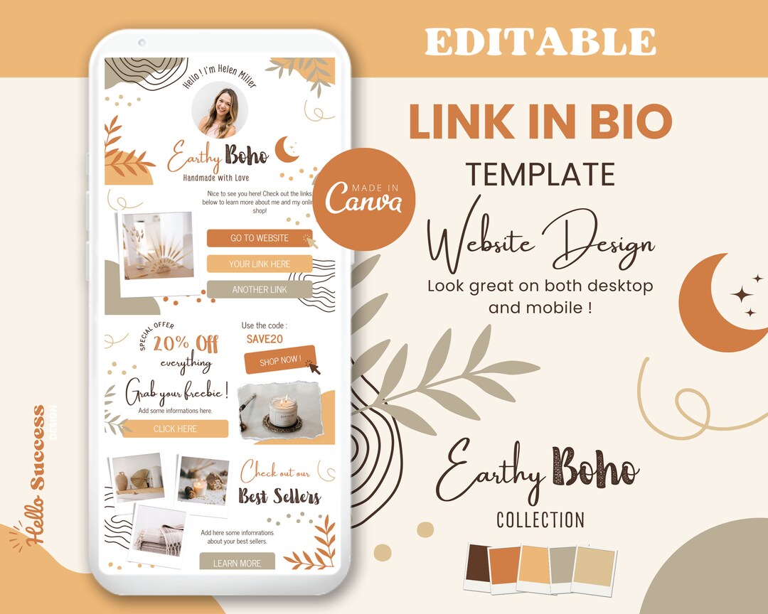 Modern Boho Link in Bio Canva Template - E-shop Natural Earthy Orange ...