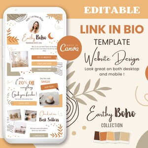 May include: A mobile phone screen mockup showing a link in bio template for an Etsy shop. The template features a light brown background with a hand-drawn style and includes text such as "Earthy Boho", "Handmade with love", "20% Off everything", "Grab your freebie!" and "Check out our Best Sellers".