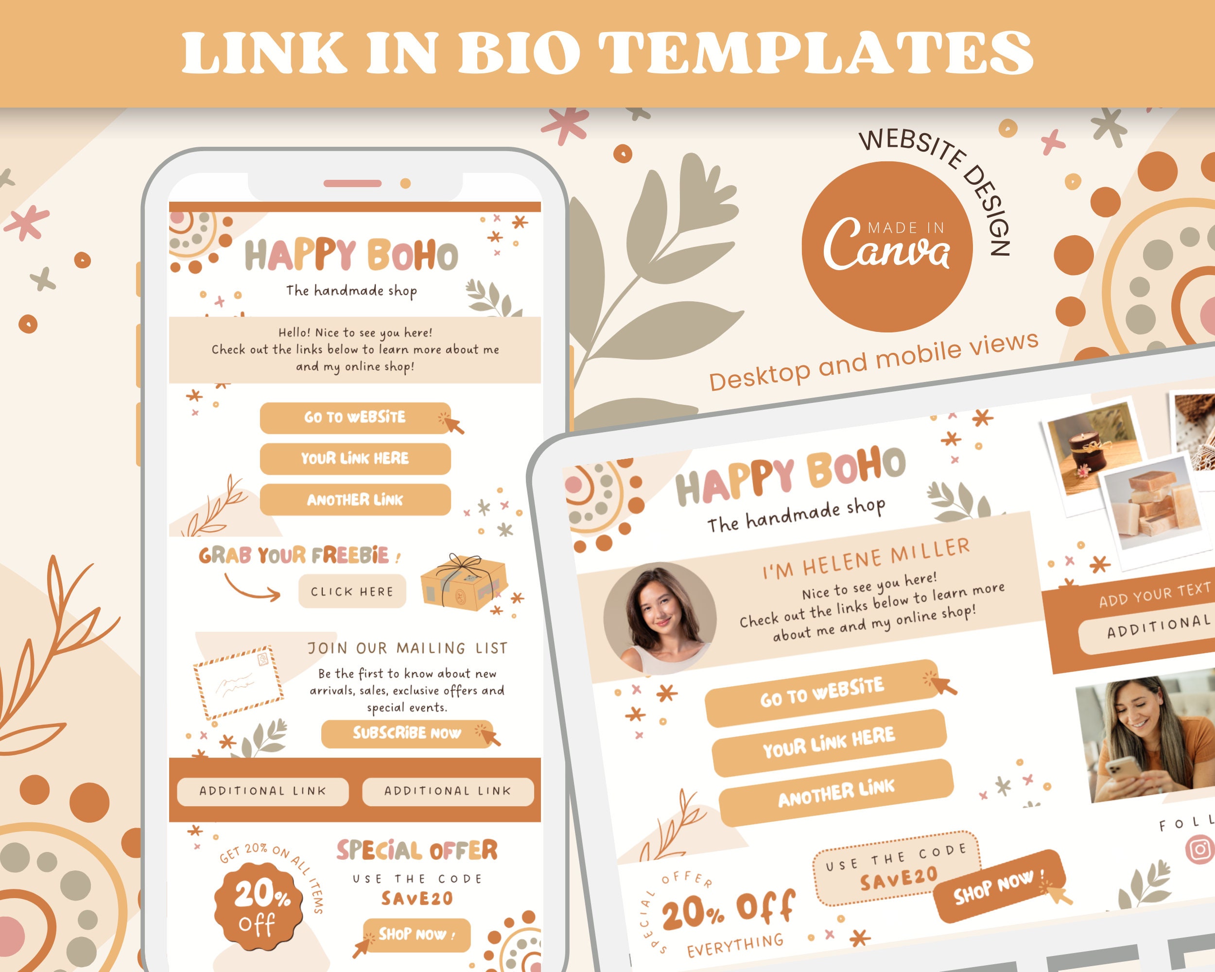 Boho Link in Bio Canva Templates - Links Website Instagram Landing Page ...