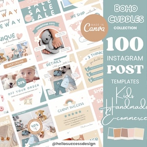 Puede incluir: Una colección de 100 plantillas de publicaciones de Instagram para comercio electrónico de productos hechos a mano para niños, con un tema boho cuddles. El diseño incluye colores pastel, imágenes de productos y superposiciones de texto.