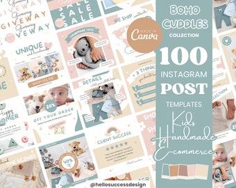 100 x pastel boho Instagram-postsjablonen - kinderen baby handgemaakt aangepast zakelijk product e-commerce inhoud kleurrijke winkel schattig sociale media BC1