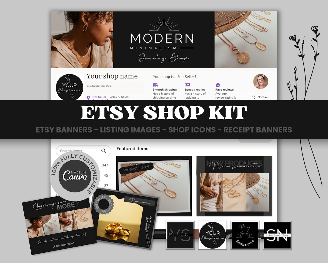 Etsy Shop Kit Modern Black Etsy Shop Banner Canva Template Aesthetic ...