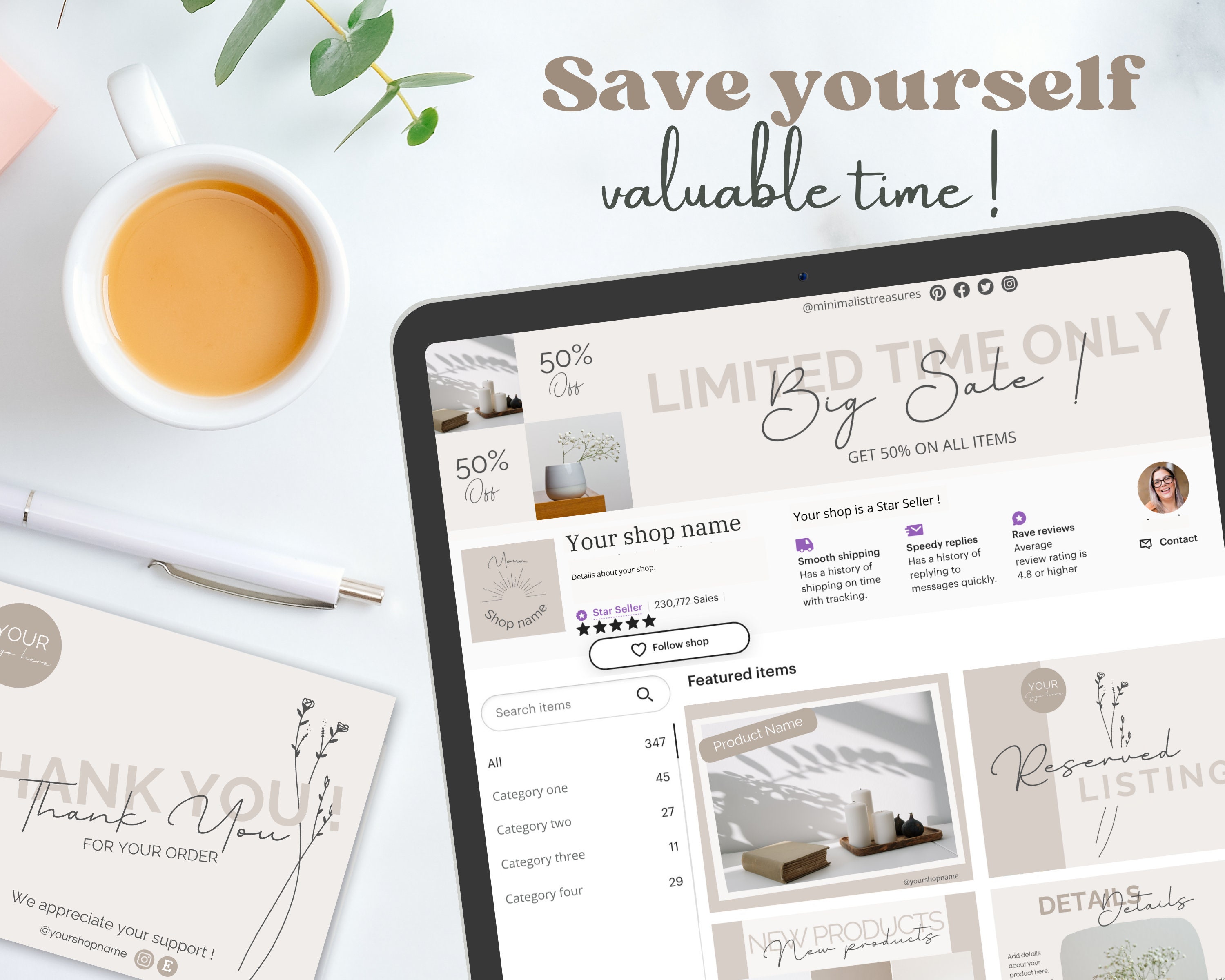 Neutral Minimalist Etsy Shop Kit Set 2 Beige Etsy Shop Banner Canva Template Aesthetic Branding ...