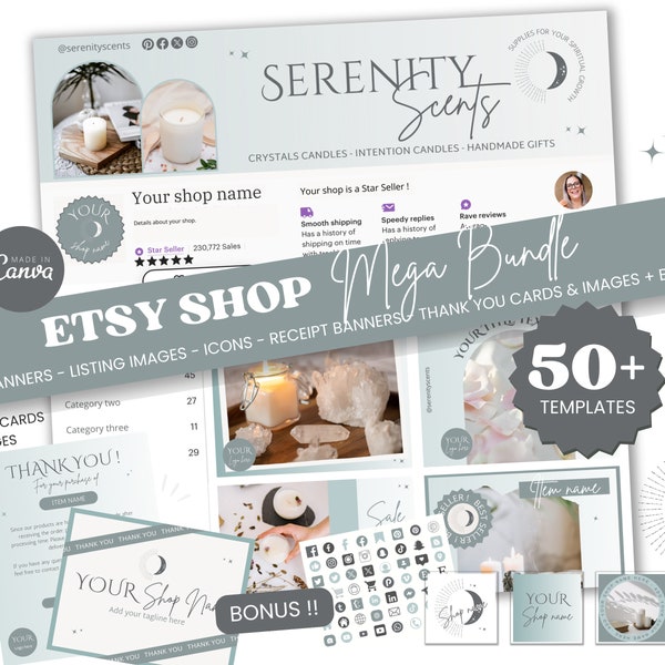 Etsy Shop Bundle - Serenity Candles Etsy Shop Banner Canva Template Modern Minimalist Branding Kit Listing Mystic Moon Handmade Product SS1