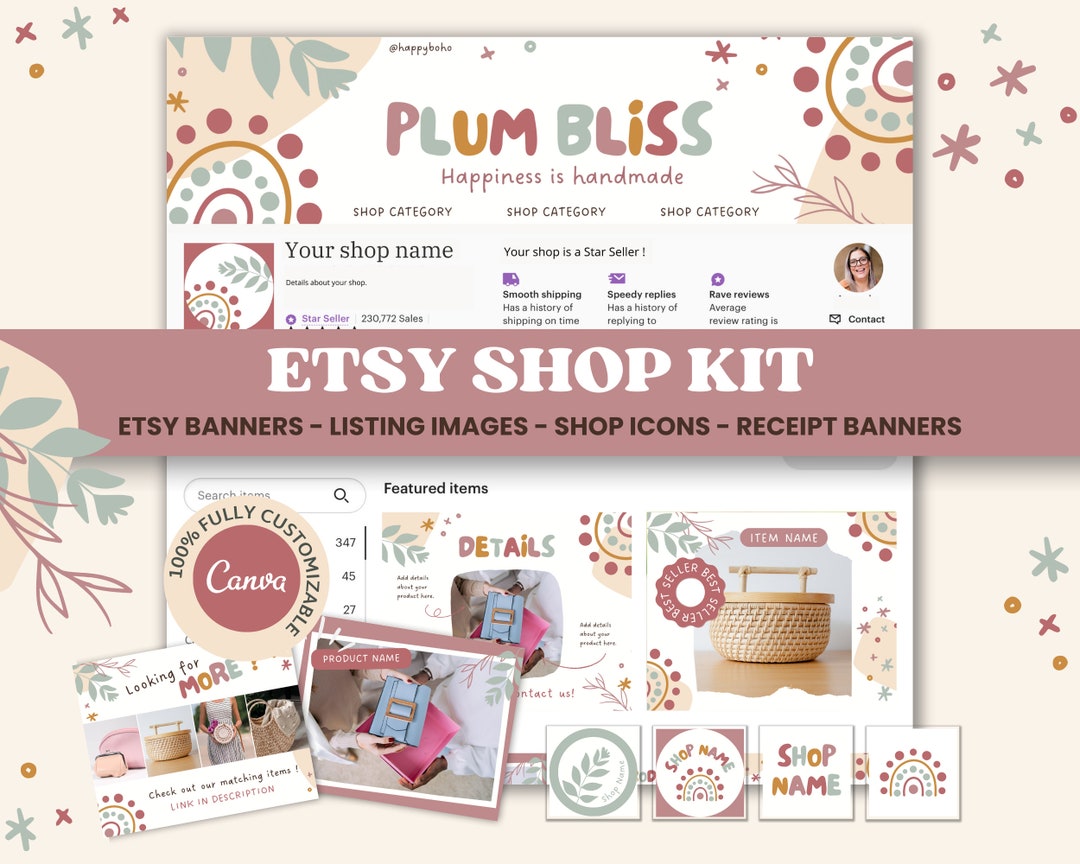 Etsy Shop Kit Pastel Boho Etsy Shop Banner Canva Template Etsy