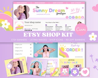 以下が含まれることがあります： ピンク、イエロー、グリーンのカラーテーマを採用したEtsyセラー向けのデジタルマーケティングキット。キットには、バナー、リスト画像、ショップアイコン、レシートバナーが含まれています。「The Sunny Dream Boutique」というテキストは、ピンクとイエローのフォントで表示されます。「Etsy Shop Kit」というテキストは、レトロなフォントで表示されます。「Please Rush my Order!」というテキストは、レインボーフォントで表示されます。