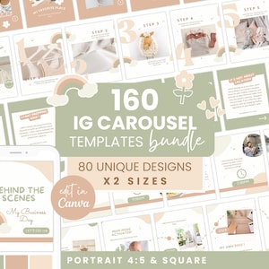 Può includere: Una collezione di modelli di carosello Instagram in formato verticale e quadrato. Il design presenta colori pastello tenui, arcobaleni ed elementi floreali. Il testo include "160 IG Carousel Templates Bundle" e "Edit in Canva".