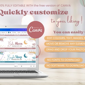 May include: A laptop screen displaying a Canva design template for a social media banner. The banner features a boho-style design with a crescent moon, stars, and the text "boho moon" and "handmade with love". The text "Quickly customize to your liking!" is displayed on the screen, along with instructions on how to edit the design.