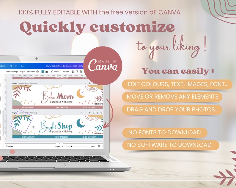 May include: A laptop screen displaying a Canva design template for a social media banner. The banner features a boho-style design with a crescent moon, stars, and the text "boho moon" and "handmade with love". The text "Quickly customize to your liking!" is displayed on the screen, along with instructions on how to edit the design.
