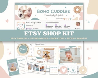Etsy Shop Kit Etsy Pastel Boho Shop Banner Canva-sjabloon Brandingbundel Bewerkbare Listing Fotobanner Mockup Kleurrijke Branding Kid BC1