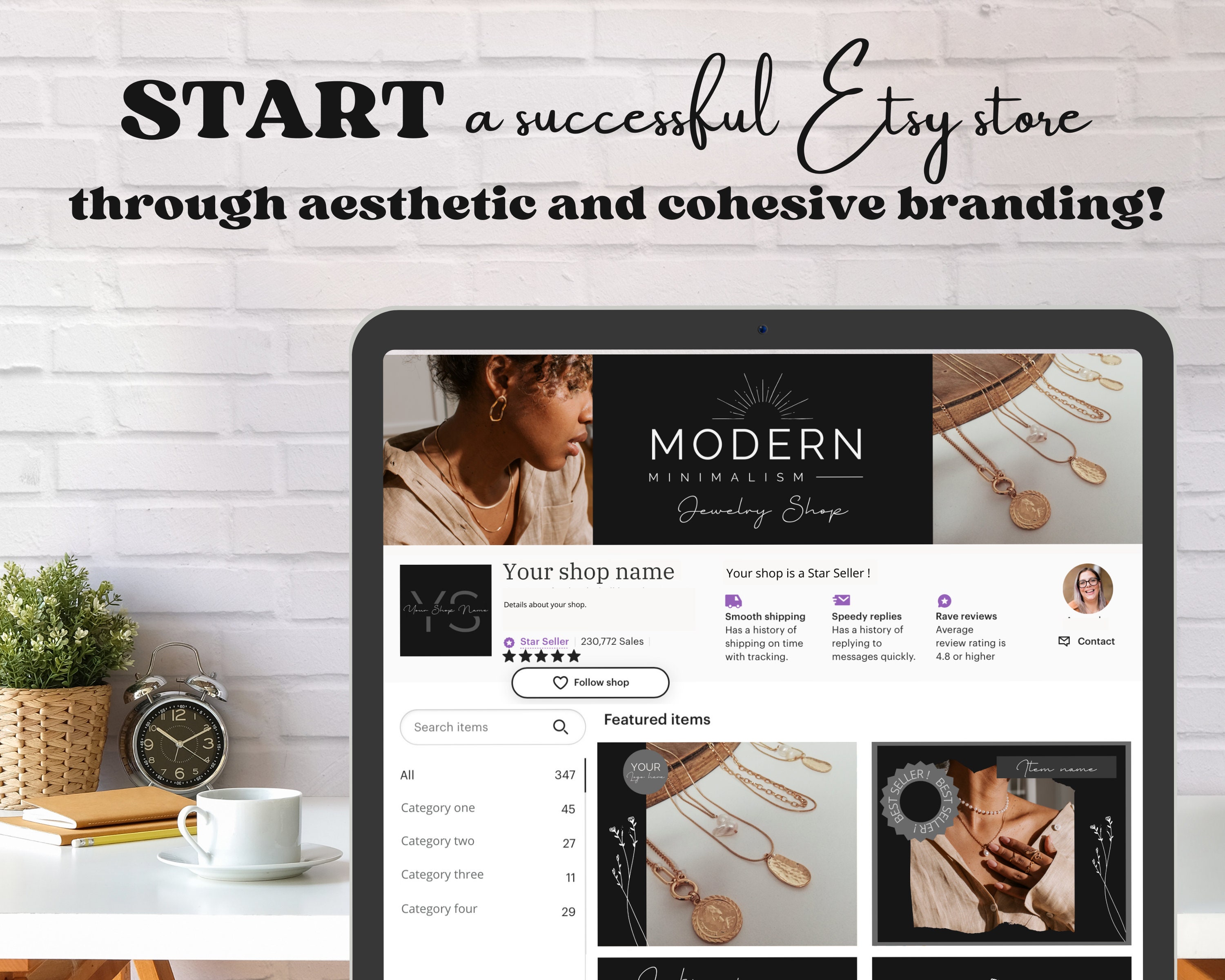 Black Etsy Shop Kit Modern Minimalism Dark Etsy Shop Banner Thank You Card Canva Template ...